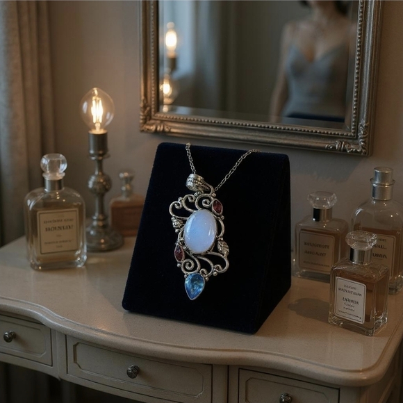 Milky Opal ✦ Blue Sapphire Garnet Pendant ✦ 925 Sterling Silver Intricate Swirl - Picture 7 of 13